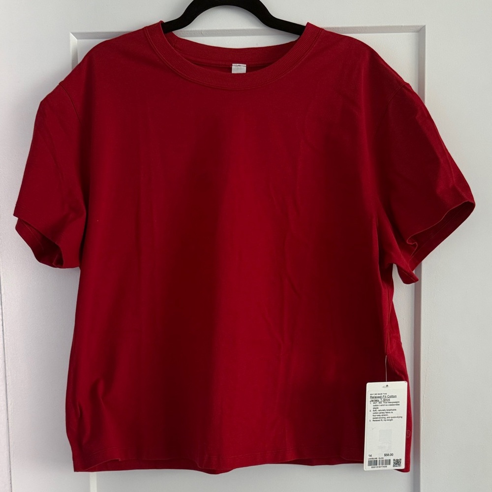 Authentic Lululemon Womens Relaxed-Fit Red Cotton Jersey T Shirt- 14
